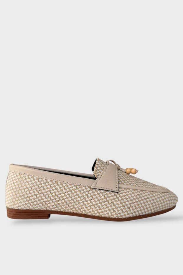 Checkered Tassel Wooden Detail Stylish Casual Women's Ballerinas Cream