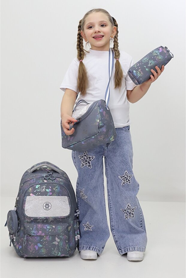 Girl's School Bag Set of 3 Gray Patterned Shiny Cover Backpack with Lunch Pencil Case