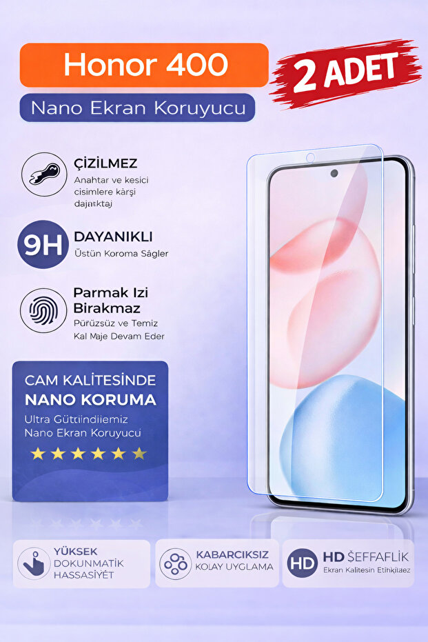 قطعتان من واقي الشاشة المتوافق مع هاتف HONOR 400، زجاج نانو مرن شفاف يدوم 9 ساعات