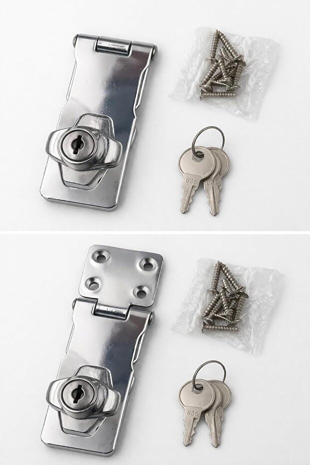 Keyed Hasp Lock, Stainless Steel, Silver, with 2 Keys and Mounting Screws, Cabinet Door Latch
