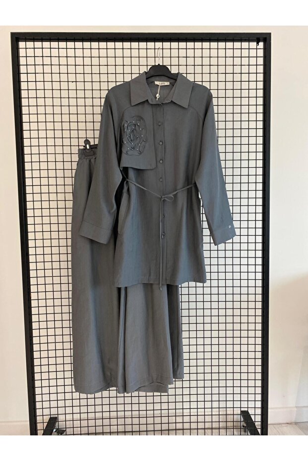 Shirt Collar Button Detailed Pocket Belted Tunic Elastic Pants