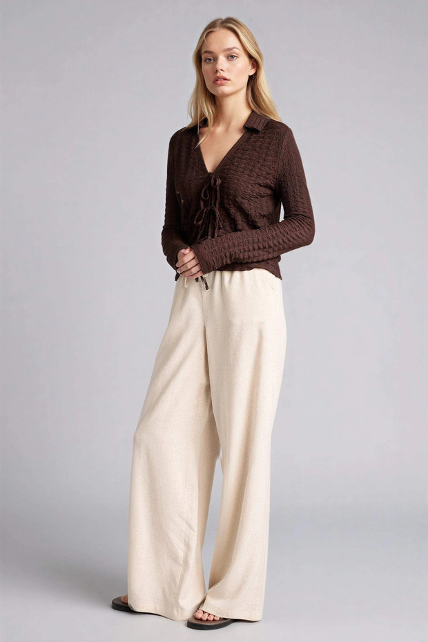E1981Axbg286 Beige Wide Leg Elastic Waist Linen Blend Trousers