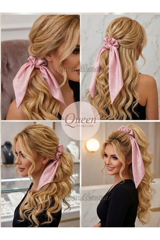 Satin Scarf Scrunchie Hair Clip with Light Pink Stone Detail and Long Pendant Rubber Clip