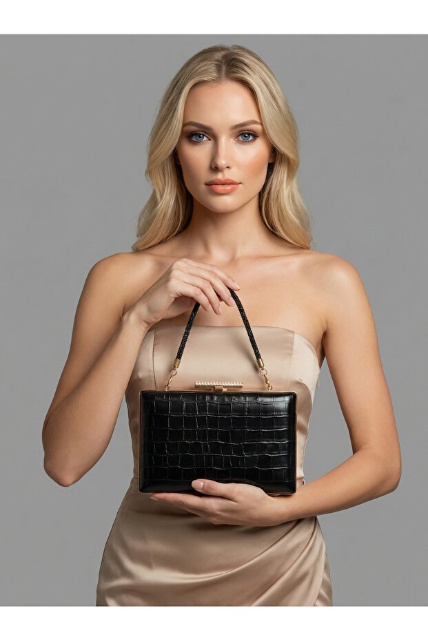 Black Color Matte Crocodile Patterned Chain Strap Women's Evening Dress Bag Wedding Engagement Graduation