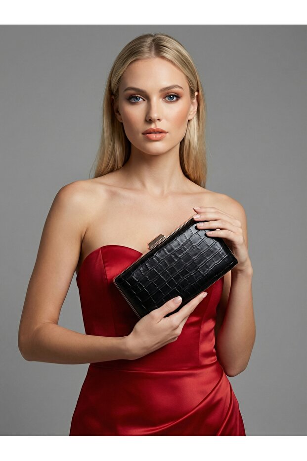 Black Color Matte Crocodile Patterned Chain Strap Women's Evening Dress Bag Wedding Engagement Graduation