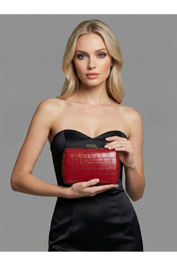 Burgundy Color Matte Leather Crocodile Patterned Women's Evening Dress Bag Wedding Engagement Graduation