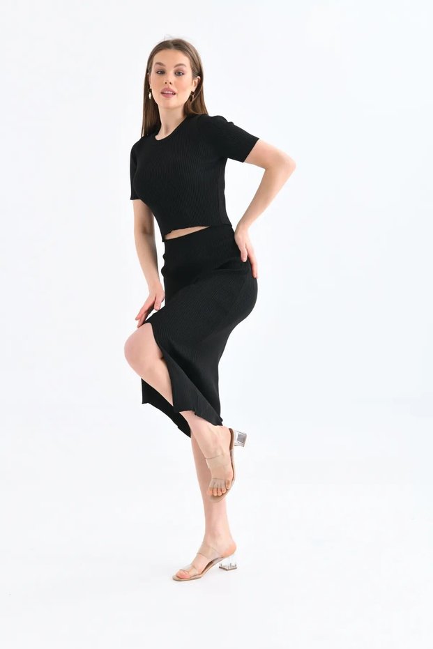 10139 Women's Crew Neck Camisole Slit Long Skirt Sweater Knitwear Top and Bottom Set