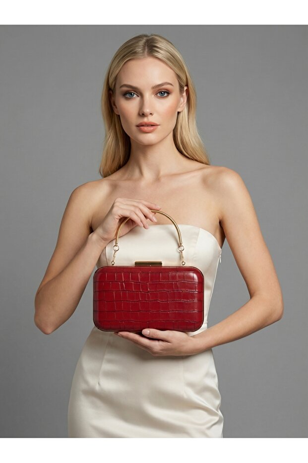 Burgundy Color Matte Leather Crocodile Patterned Women's Evening Dress Bag Wedding Engagement Graduation