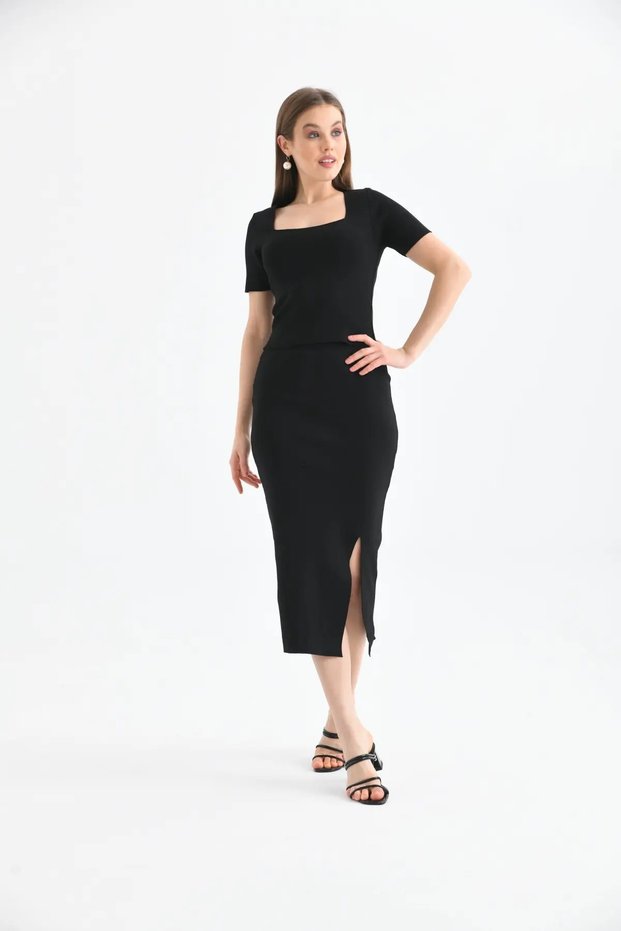 10080 Women's Square Neck Crop Blouse Slit Long Skirt Knitwear Bottom Top Set