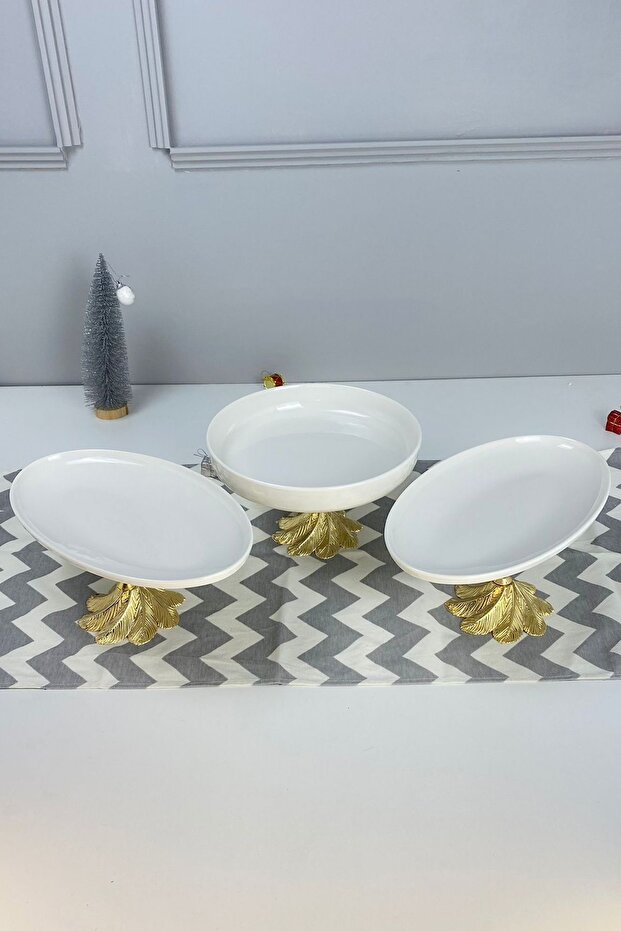 3-Piece Porcelain Kand Footed Tableware Presentation Plate Set & Appetizer Food Dessert Salad Presentation
