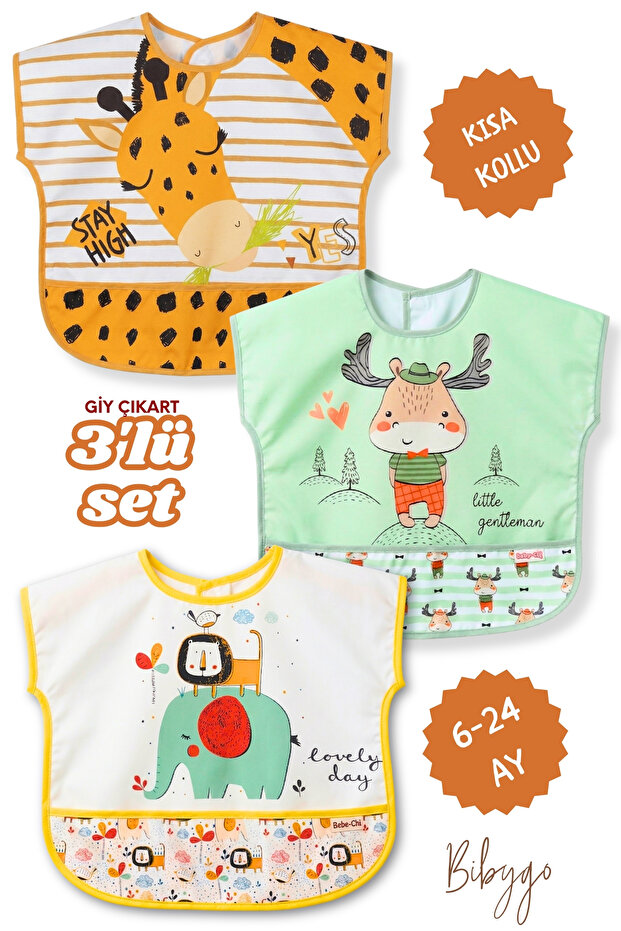 Bibygo 3'Lü Set Zürafa-Geyik-Aslan Kısa Kollu Bağlamalı Ayarlanabilir Sıvı Geçirmez Aktivite ve Mama Önlüğü