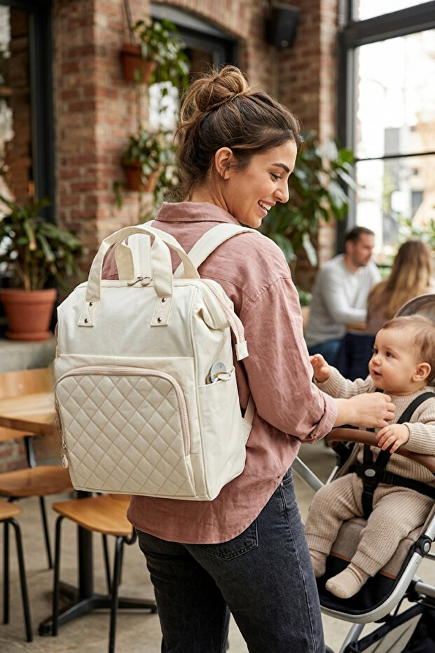 -07 Klinkır Mother Care Baby Bag Mother Bag Backpack Cream-Cream
