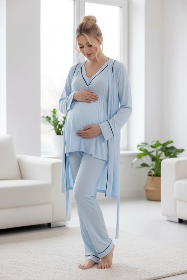 Women's 3-Piece Maternity Pajama Set with Ribbed Details