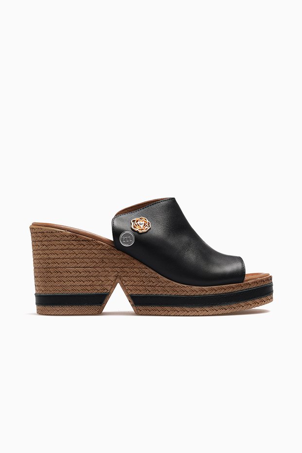 Women's Leather Wedge Heel Daily Slippers 26Y D26Yt-6115 Black