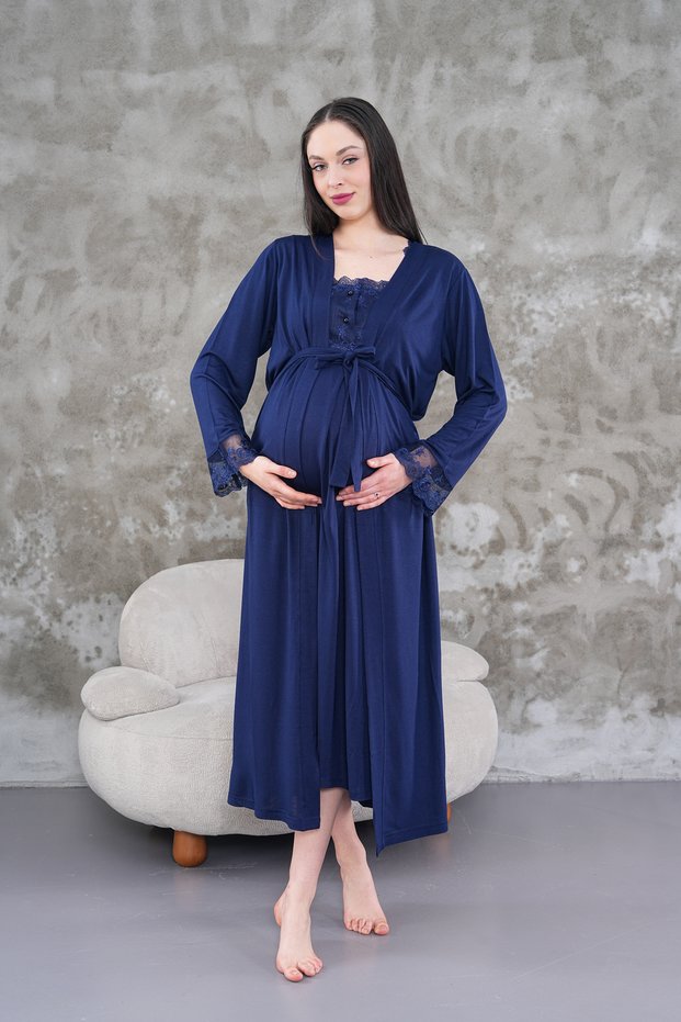 New Season Navy Blue Maternity Summer Elegant Lace Detailed Buttoned Strap Dressing Gown Nightgown Set