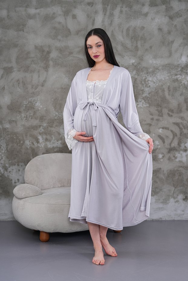 New Season Gray Maternity Summer Elegant Lace Detailed Buttoned Strap Dressing Gown Nightgown Set