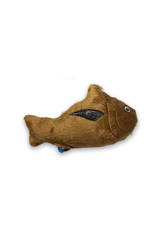 Brown plush fish-shaped cat toy
