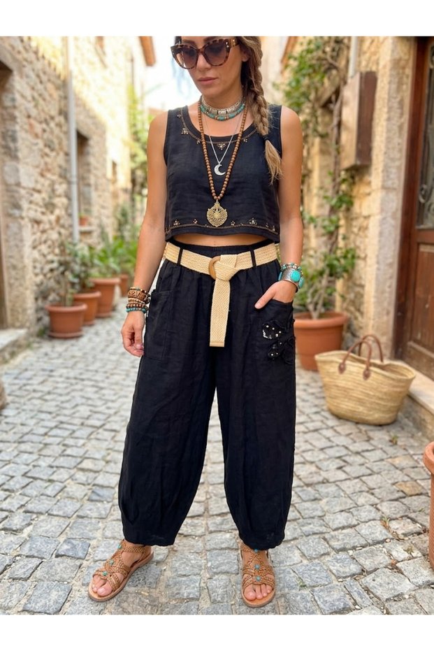 Women's Italian Black 100% Linen Trousers with Elastic Waist, Belt Pocket, Floral Appliqué and Pleated Cuffs