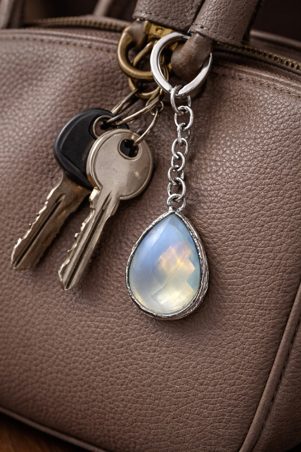 Unisex Silver Color Drop Rainbow Moonstone Patterned Handmade Keychain