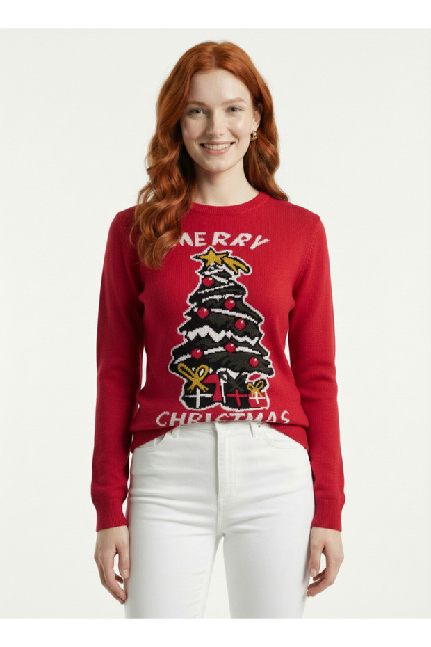 Women's Red Christmas Themed Knit Sweater