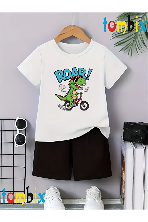 Cycling Dinosaur Printed T-Shirt Shorts Summer Children's Set