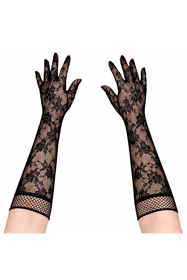 ® Black Long Rose Patterned Lace Women's Gloves