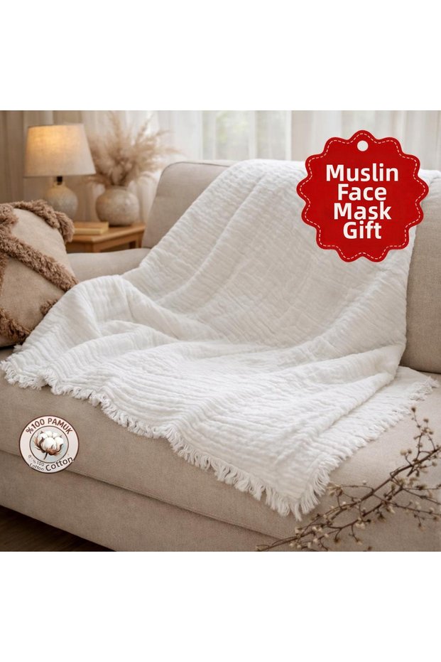White 100% Cotton Fabric Tasseled Muslin Baby Blanket (with Mouth Wipes as a Gift)