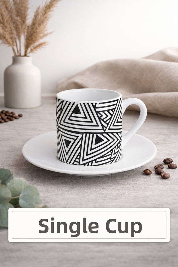 Modern Geometric Patterned Turkish Coffee Cup – Black and White Stylish Single Cup