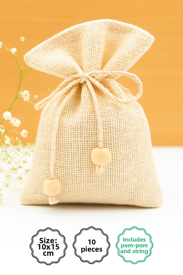 10 Pieces of Natural Pouches, Twisted String Beaded 10X15 cm (Lace-Up Storage Pouch)