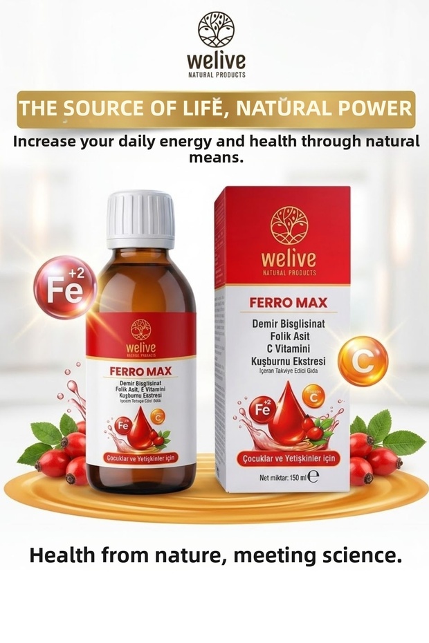Ferro Max Iron Syrup 150 ml - Supplement Containing Folic Acid, Vitamin C, and Rosehip Extract