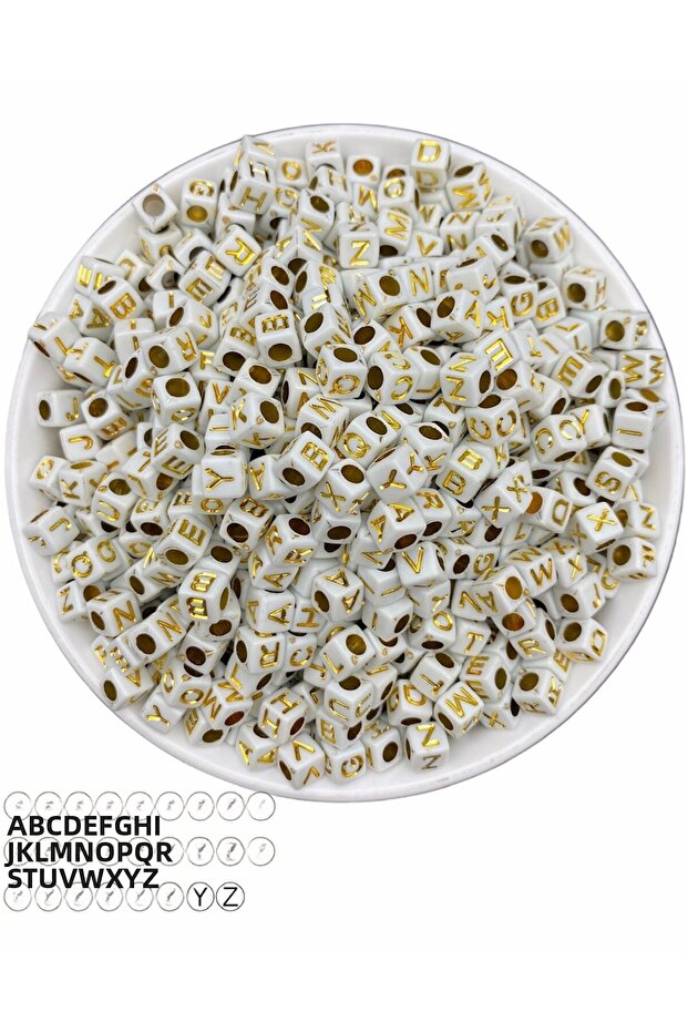 50Gr Letter Beads, 6mm Gold-Yellow on White Background / Gold Letter Cube (50Gr, ~310 Pieces)