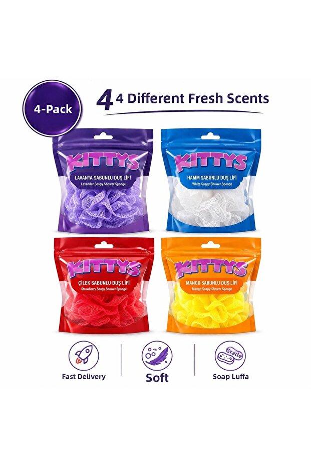 Kittys 4-Piece Soap Shower Loofah Set (Mango, Strawberry, White, Lavender Soap Scented Shower Loofah)