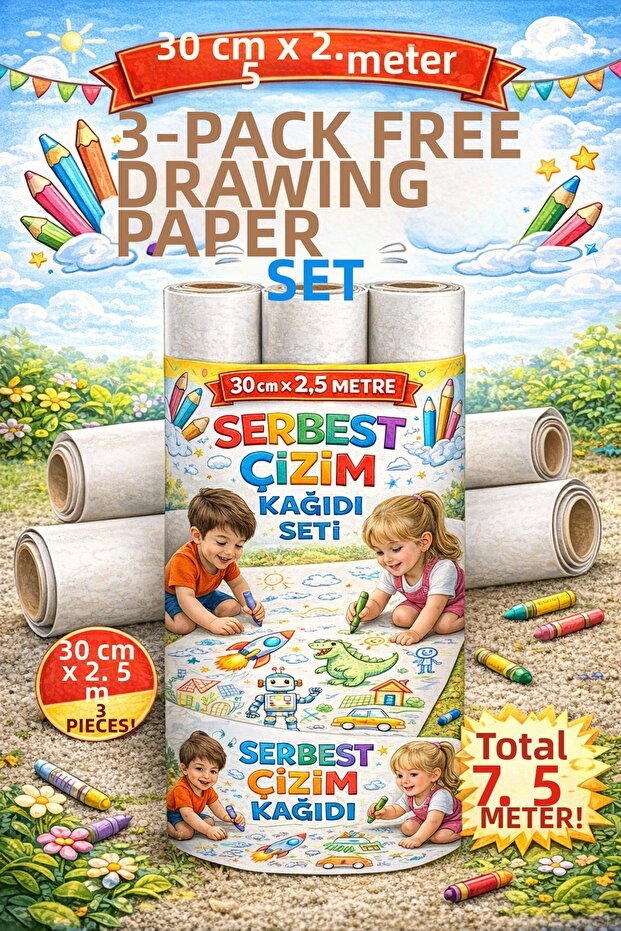 🎨 3-Piece Freehand Drawing Roll Set ✏️ 30 cm X 2.5 Meters Drawing Paper | Total 7.5 Meters