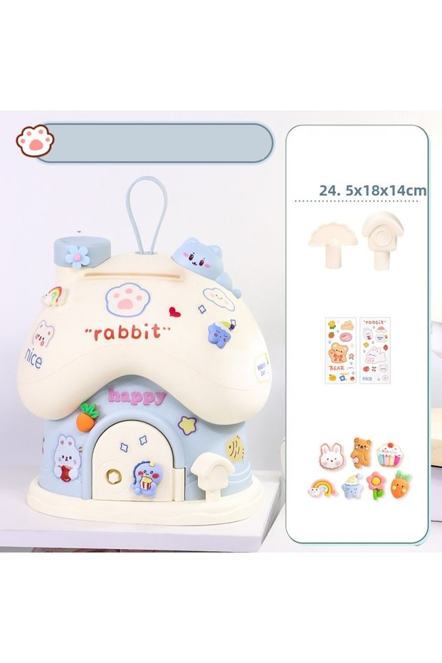 Cat House with Lock and Hanger, Adhesive Piggy Bank, Blue, 25X18