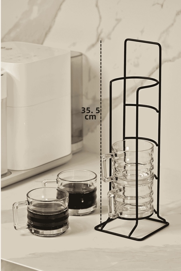 Matte Black 4-Piece Glass Mug and Stand Set Coffee Tea Presentation Organizer