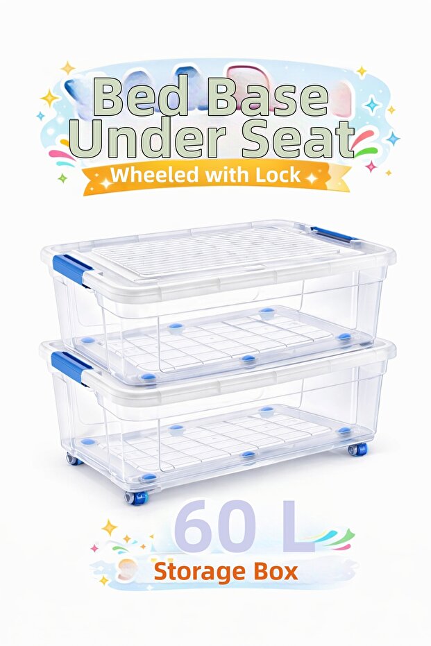 60 Lt Lockable Wheeled Storage Box under Bed Storage-Transparent