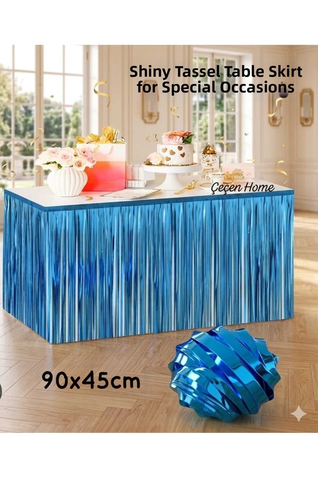 Blue Tasseled Sparkling Table Skirt for Party/Birthday (Dimensions: 45X90Cm, Tassel Length: 60cm)