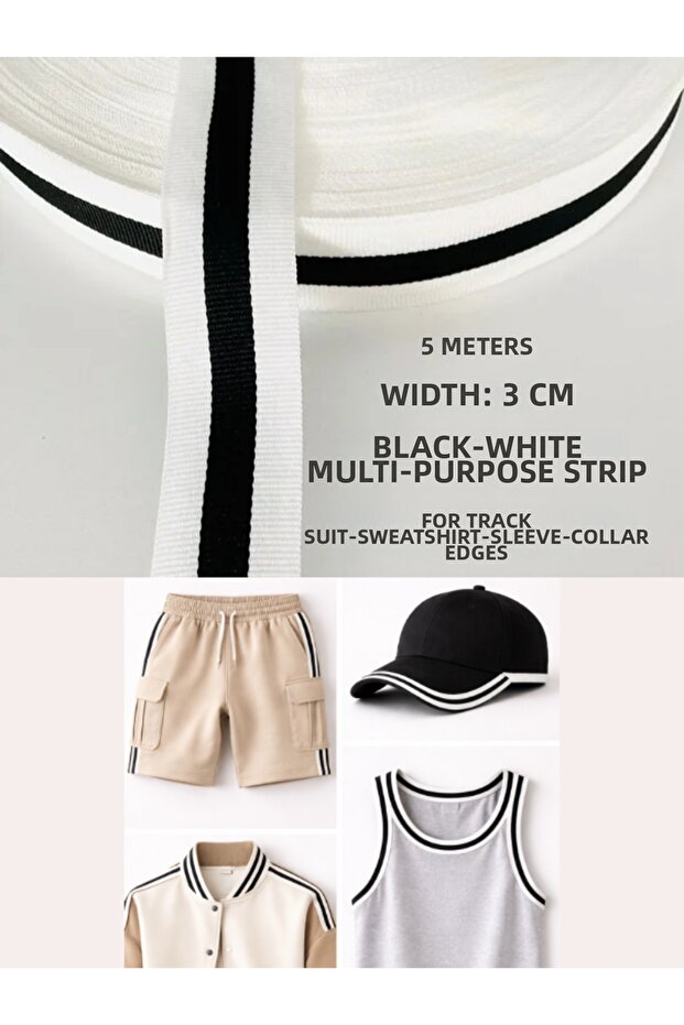 5 Meters Width 3 cm Black and White Multi-Purpose Decorative Ribbon for Collars, Sleeves, Tracksuits, Sweatshirts, Bags, Columns