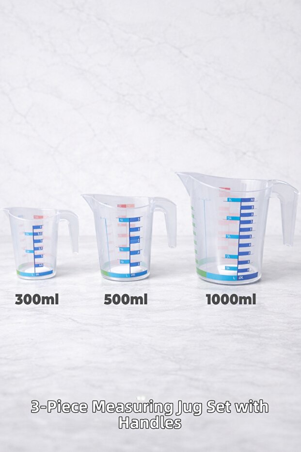 Measuring Cup with Handle (3 Pcs) Set - 300ml, 500ml, 1000ml - with 8 Different Measurement Units - Pastry Shop
