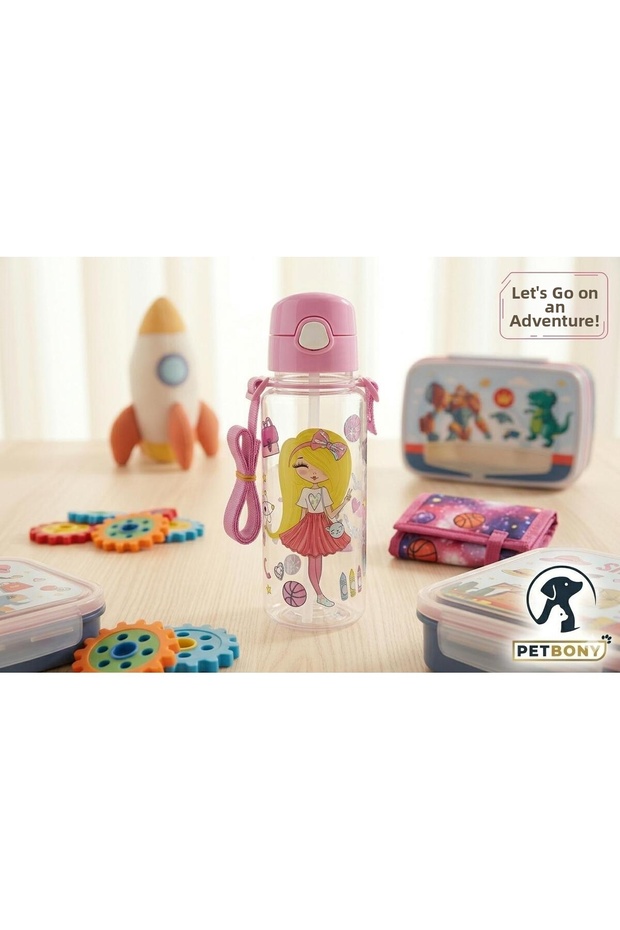 Children's Water Bottle, School Water Bottle, Carrying Strap, Straw, Strap, Non-Drip, Bpa-Free, No Odor