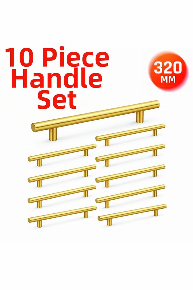 320 mm Metal Furniture Handle – Kitchen Cabinet Drawer Handle, Decorative Handle Set (10 Pieces) Matte Gold