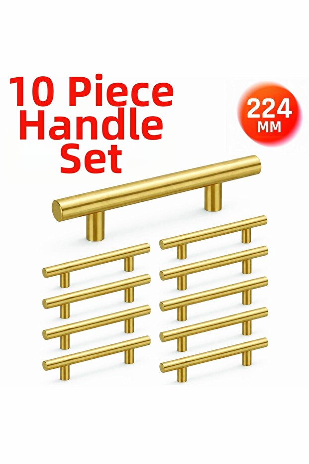 224 mm Metal Furniture Handle – Kitchen Cabinet Drawer Handle, Decorative Handle Set (10 Pieces) Matte Gold