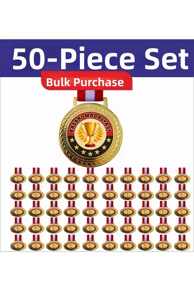 50 Pcs Achievement Medals – Award Set with Gold Color Ribbons, School and Competition Medal