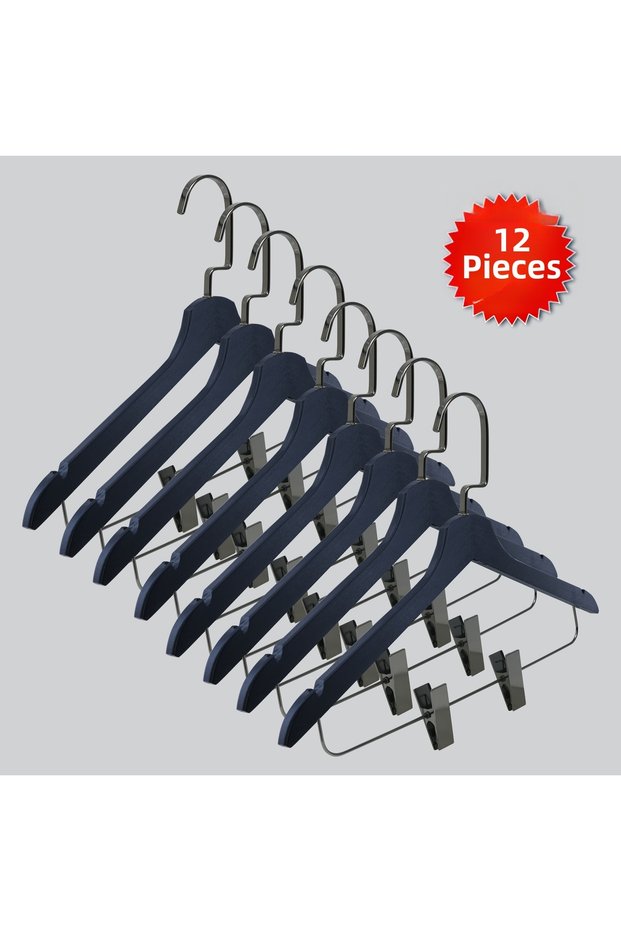 Wooden (Black Nickel Hook) Latch Shirt and Skirt Hanger Black Color 12 Pieces
