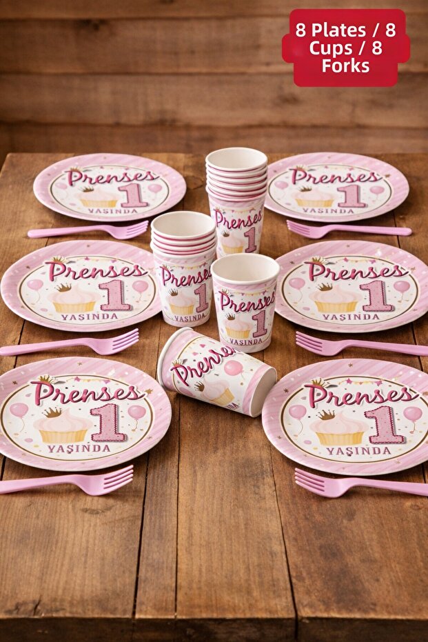 Princess 1 Year Old 8-Person Plate Cup Fork Set Pink Birthday Party Set