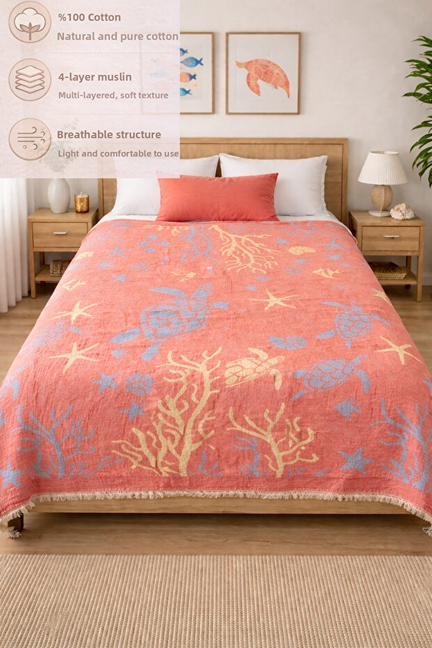 Ces Store 4 Layer Muslin Pique, 100% Cotton Breathable, Soft Summer, Coral Bedspread 220X240 cm