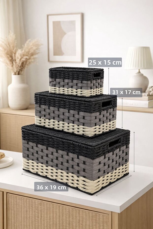 Set of 3 Knitted Rattan Baskets | Decorative Organizer Baskets with Lids Black and White