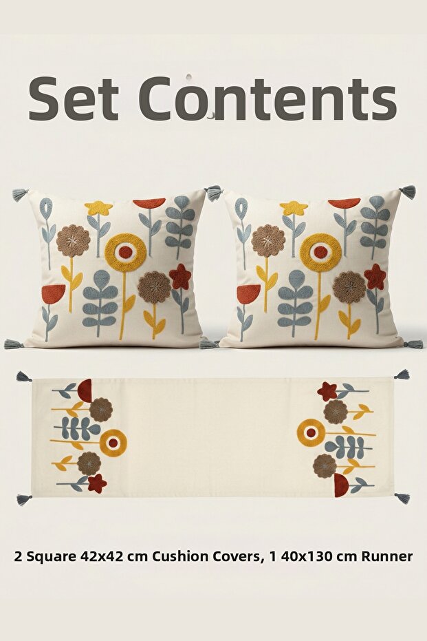 Punch Embroidered Floral Pattern Throw Pillow Runner Set 2 Square Throw Pillows 1 Runner Boho Decorative Living Room Set