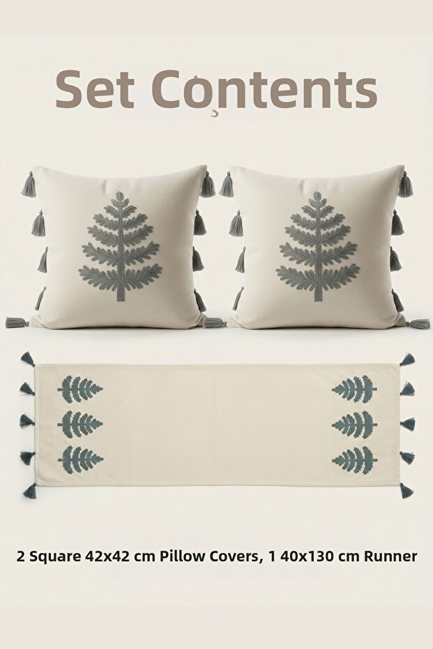 Punch Embroidered Tree Pattern Throw Pillow Runner Set 2 Square Pillows 1 Runner Boho Decorative Living Room Set