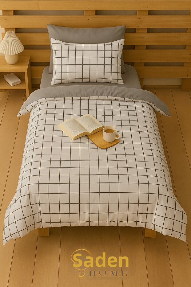 Single Size Rubberized Sheet Bedding Set Checked Pattern - 1